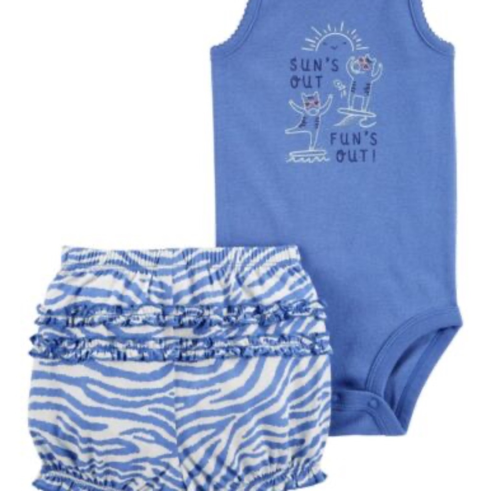 Carter's 2 Piece Bodysuit W/Shorts Blue "Sun's Out Fun's Out" Baby Girl